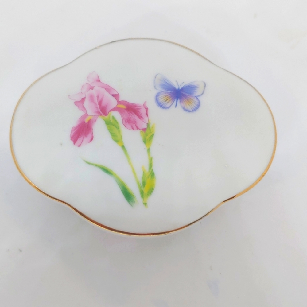 Vintage Crowning Touch Porcelain Floral Butterfly Lidded Jewelry Box